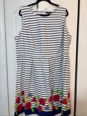 Chaps White and Navy Striped Dress with Floral Hem